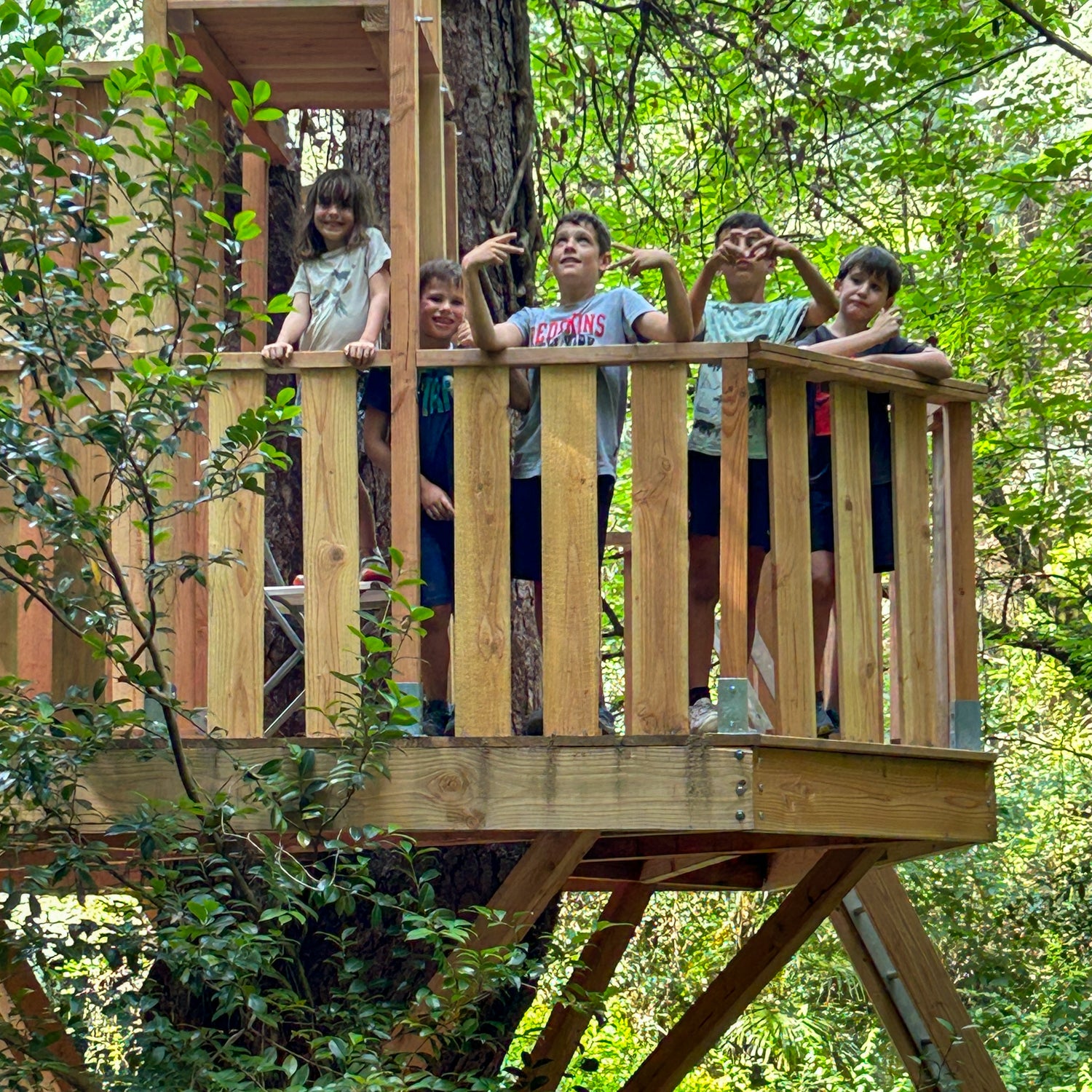 Happy kids posing on treehouse terrace