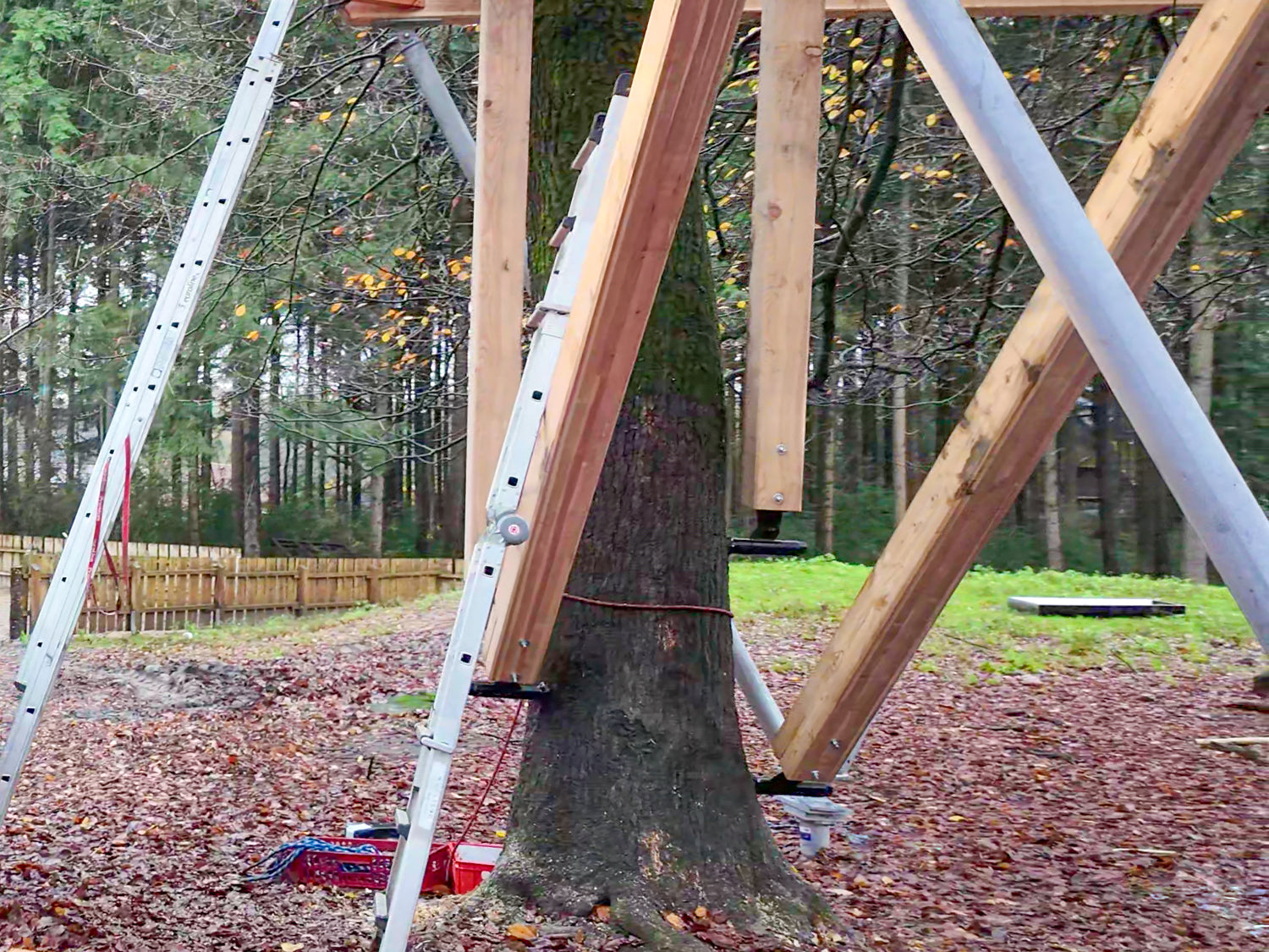 Baumhaus richtig bauen – Holzstrebe für Baumhaus befestigen festmachen fixieren verschrauben Anleitung 