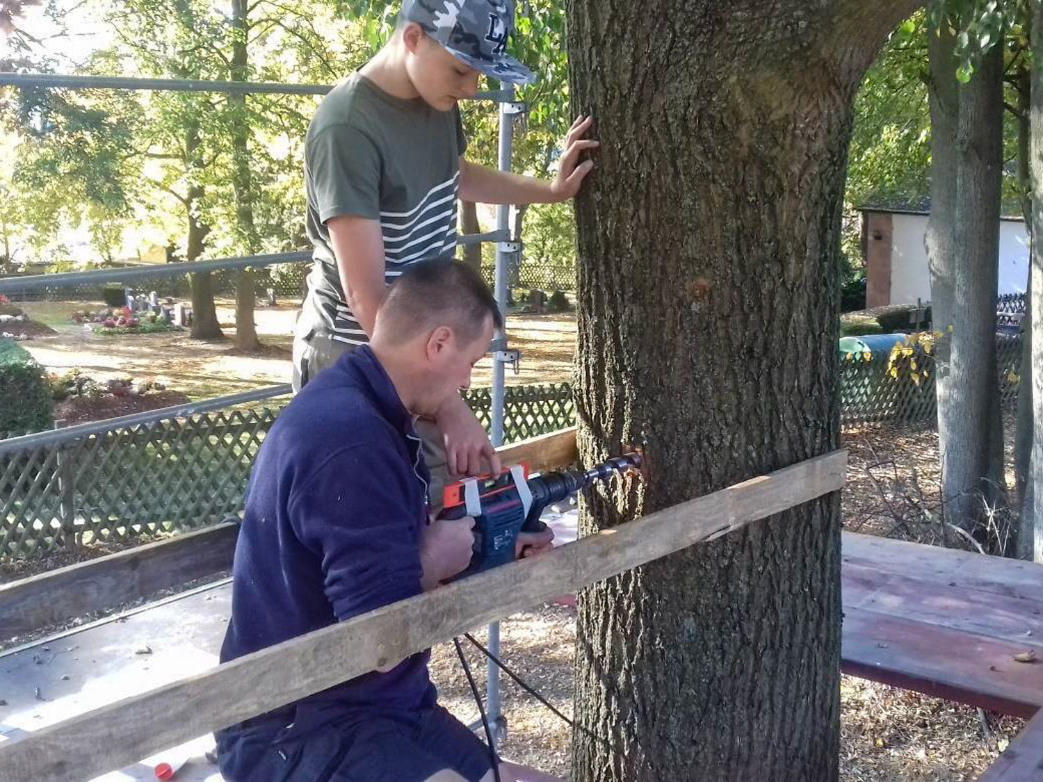 Baumhaus Befestigung DIY – Vater und Sohn bohren ein Loch vor für Befestigung des Baumhauses richtiges Werkzeug Know How Schrauben GTS