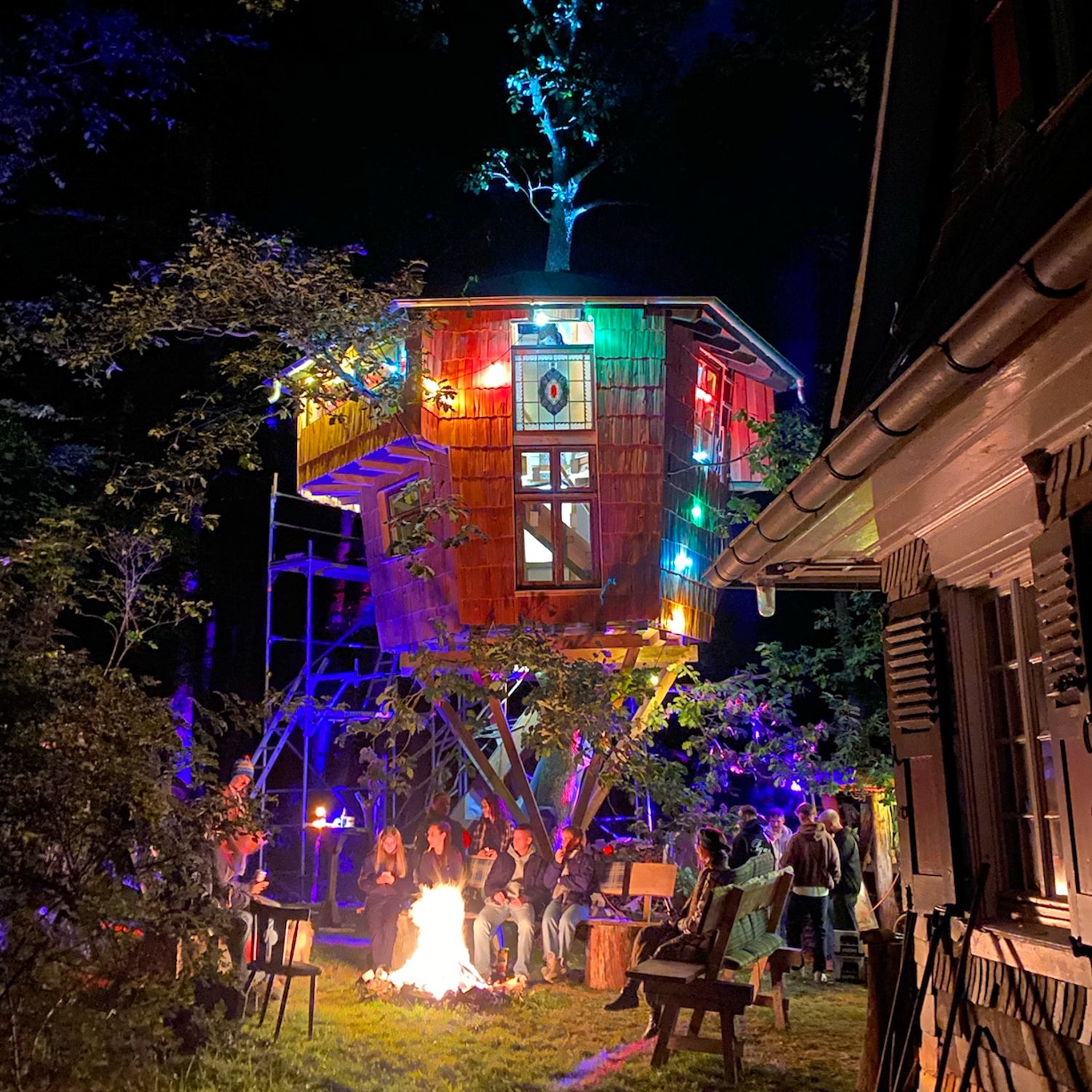 Baumhaus bauen Festival – grenzenlose Kreativität Traum im Baum –Baumhausparty Magie bei Nacht mit Feuer und Freunden Profi Hardware Baumschrauben Fachhandel
